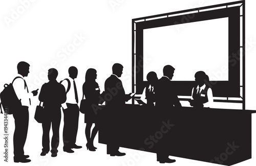 Queue of People Registering at Event Desk Silhouette Illustration