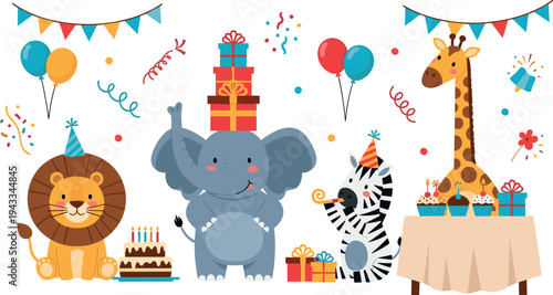 Cute safari animal birthday party vector set with lion elephant giraffe and zebra plus cake balloons gifts and bunting,
