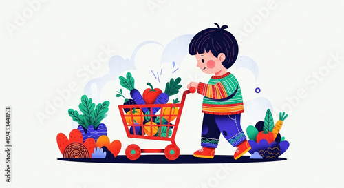 Child pushing toy shopping cart filled with vegetables in colorful style  
