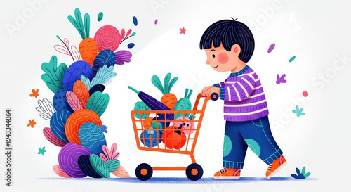 Child pushing shopping cart filled with colorful vegetables  