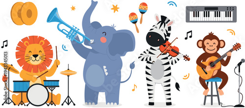 Cute safari animal music band vector set with lion elephant zebra and monkey playing drums trumpet violin and guitar,