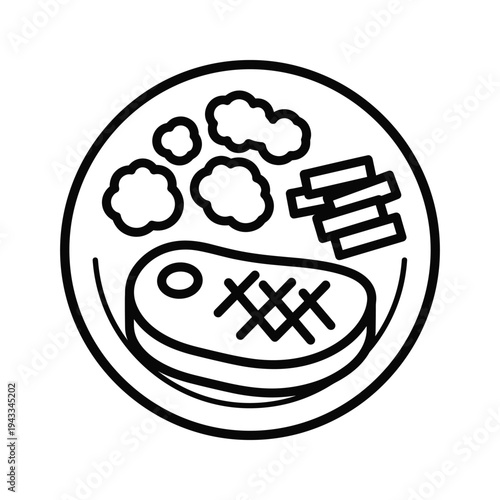 Simple Line Art Icon of a Steak Dinner Plate with Sides