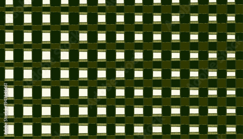 Abstract seamless vector graphic illustration featuring a dense woven texture pattern composed of intersecting dark green and cream colored square blocks resembling rustic textile design elements.