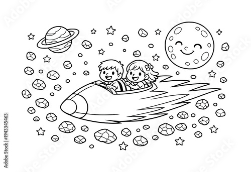 Comet in Asteroid Field. Comet ride gliding through a sparkling asteroid field with tiny rocks floating around, distant planets in