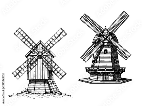 Wooden Windmill Farm Engraving Illustration
