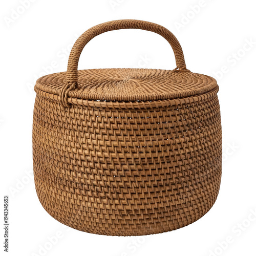 A brown wicker basket with a handle on top