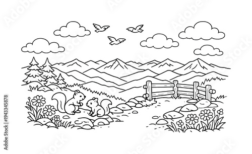 Mountain Adventure Coloring. Mountain hike with a scenic lookout of distant mountains, wildflowers in the foreground, birds
