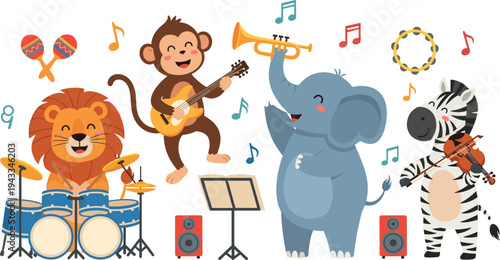 safari animal music band vector set featuring lion on drums monkey guitar elephant trumpet and zebra violin with speakers,