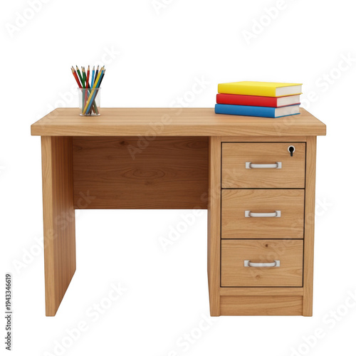 A wooden desk with drawers and colorful folders on top