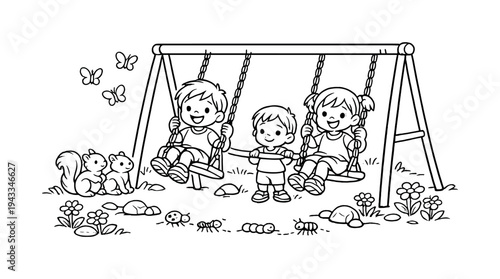 Swing set fun with children taking turns on swings, tiny insects crawling nearby, flowers and rocks scattered around, friendly