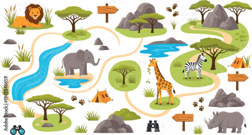 Safari map vector set with lion elephant giraffe zebra and rhino featuring winding path trees tents rocks river and binoculars