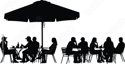 outdoor cafe people silhouettes, friends sitting at restaurant tables under umbrella talking and drinking, social gathering, cafe lifestyle vector illustration