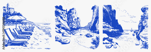 Mediterranean canyon beach sea lounge umbrellas vintage. Hand drawn blue sketch line summer travel scenery.