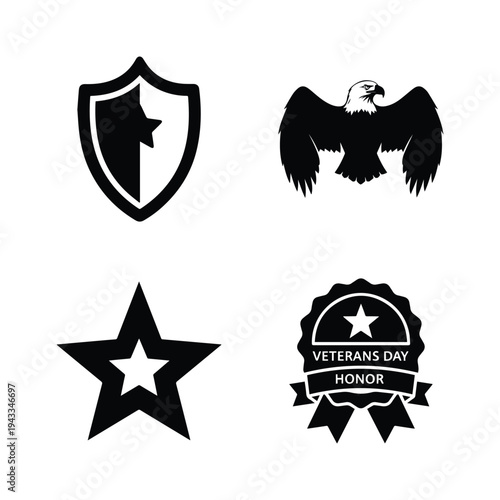 Veterans Day honor badge set with shield eagle star and ribbon vector illustration for military service celebration