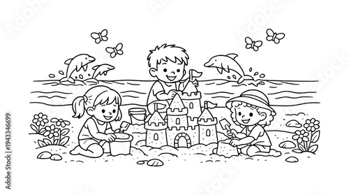 Sandbox castle with children playing together in a sunny beach scene, flowers and small rocks along the shore, waves gently