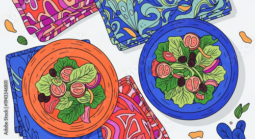 Colorful salad bowls on decorative napkins in vibrant patterns  