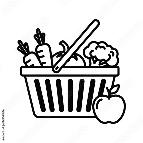 Grocery Shopping Basket Icon with Assorted Fresh Vegetables and Apple