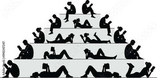 reading, people, silhouette, pyramid, book, readers, education, knowledge, study, learning, literature, library, student, intellectual, culture, hobby, black, minimal, concept, illustration