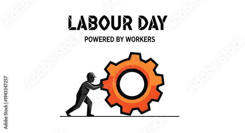 Labour Day Worker Pushing Orange Gear For Workers Day Concepts on transparent background