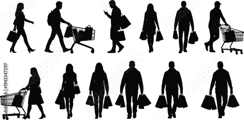 shopping, shoppers, silhouette, retail, consumer, purchase, bags, supermarket, lifestyle, buying, people, store, customer, commerce, sale, market, cart, fashion, spending, walking