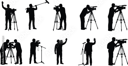 video production crew silhouettes collection, cameraman filming with tripod camera and boom microphone, media broadcasting teamwork vector illustration set