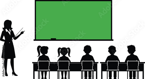 teacher and students classroom silhouettes, school lesson with blackboard presentation, education learning environment, kids studying at desks vector illustration