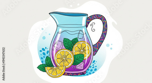 Frosted pitcher filled with lemon slices and mint leaves  