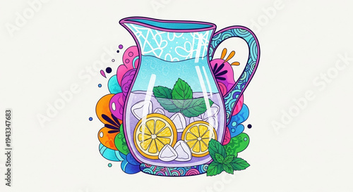 Frosted pitcher with lemon slices and mint on colorful background  