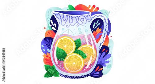 Frosted pitcher with lemon slices and mint surrounded by colorful fruits  