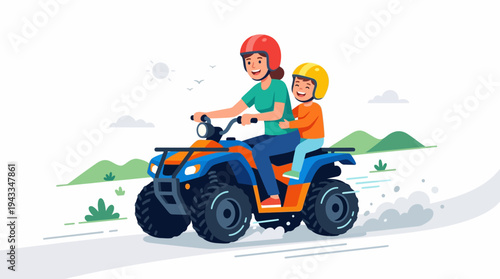 Family adventure on a quad bike exploring nature's scenic trails on a sunny day