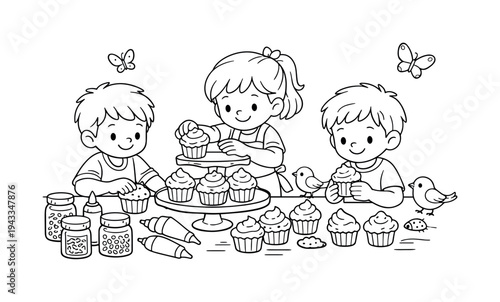 Cupcake Decorating Fun. Cupcake bakery with children arranging cupcakes on a cozy kitchen counter, jars of sprinkles and frosting