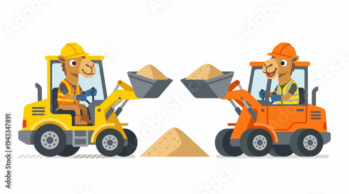 Two cartoon camels operating diggers, delivering loads of sand in a construction or industrial setting, illustrating teamwork and shared resources