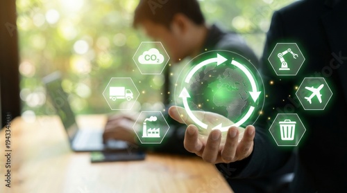 Sustainability manager managing global carbon footprint using digital technology and ESG industry icons, Globe with CO2 and Industry Icons Represents ESG and Corporate Sustainability Concept