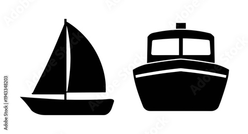 Illustration of sailboat and motorboat black and white nautical vessel clip art vector graphic design