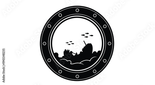 Underwater scene viewed through a porthole featuring a dark silhouette