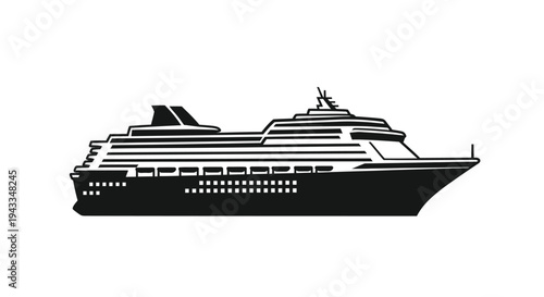 A striking black silhouette of a large ocean liner at sea