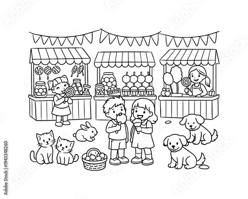 Candy Market Delight. Candy shop with an outdoor market setup, candy stalls, children tasting treats, small animals like kittens