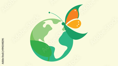 Harmonious Earth: A Vibrant Illustration of a Butterfly Resting on a Globe, Symbolizing Environmental Protection and Sustainable Energy