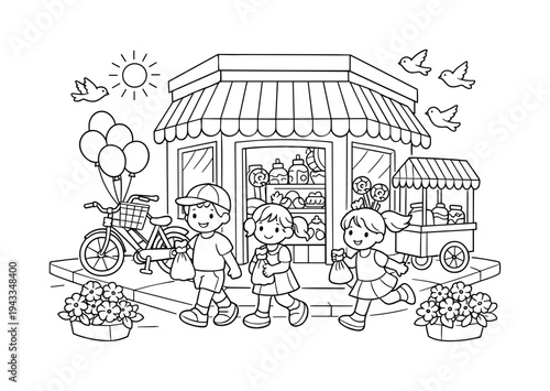 Candy shop on a sunny street corner with balloons, a bicycle parked outside, and kids carrying candy bags, birds flying above and