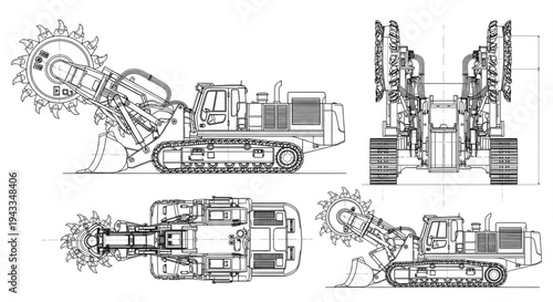 Roadheader Mining Machine Blueprint Vector – Tunnel Excavation Equipment Multi View Technical Line Drawing Isolated on White
