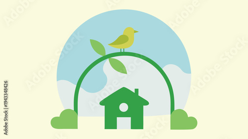Harmonious Eco-Living Illustration: A Vibrant Depiction of a Bird Perched Above a Green House, Symbolizing Environmental Sustainability and Peaceful Coexistence