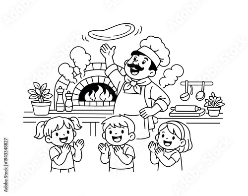 Pizza chef tossing a pizza high above a brick oven with steam rising, children clapping and smiling, small plants and kitchen