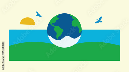 Protecting Our Planet: A Vibrant Illustration of Earth with Sun, Ocean, and Birds, Representing Environmental Awareness and Sustainable Energy