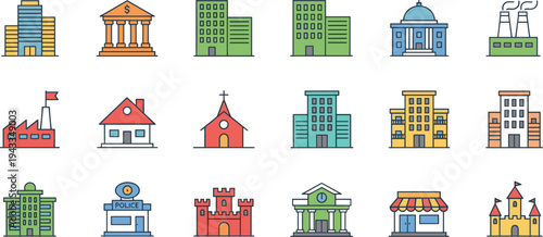City Building Icon Set Including Skyscraper Bank Factory Church Hospital School Police Station And Castle Vector Flat Illustration.