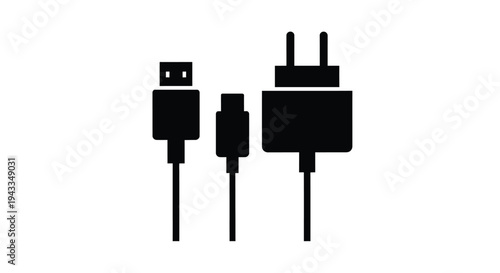 Various charging connectors depicted in a stark black silhouette
