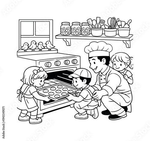 Kids helping a chef in a bakery kitchen, placing cookies in the oven, jars of colorful toppings and utensils on shelves, small