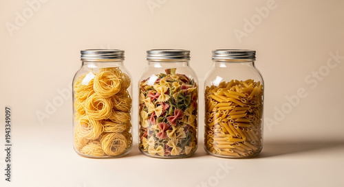 Three glass jars filled with different pasta varieties on beige background  