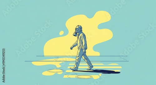 Man wearing gas mask walking on street with colorful background  