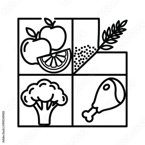 Four Food Groups Icon Set: Fruits, Grains, Vegetables, Protein