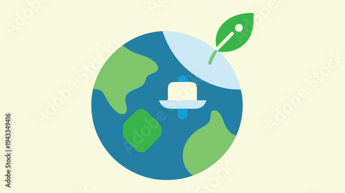 Sustainable Energy Concept: Illustrative Globe with Wind Turbine and Leaf, Representing Clean Power and Environmental Responsibility